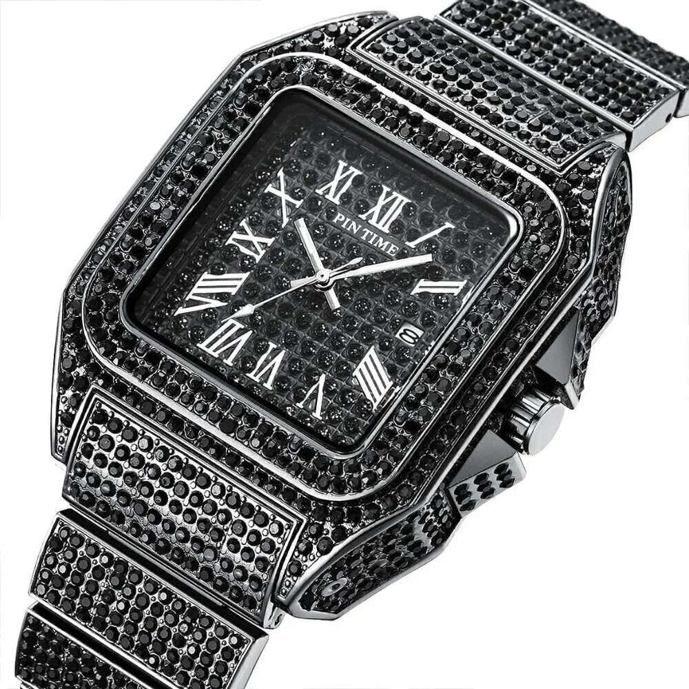 🆕Gosasa Analog Quartz Men Black Fashion Crystal Stainless Bracelet Wristwatch